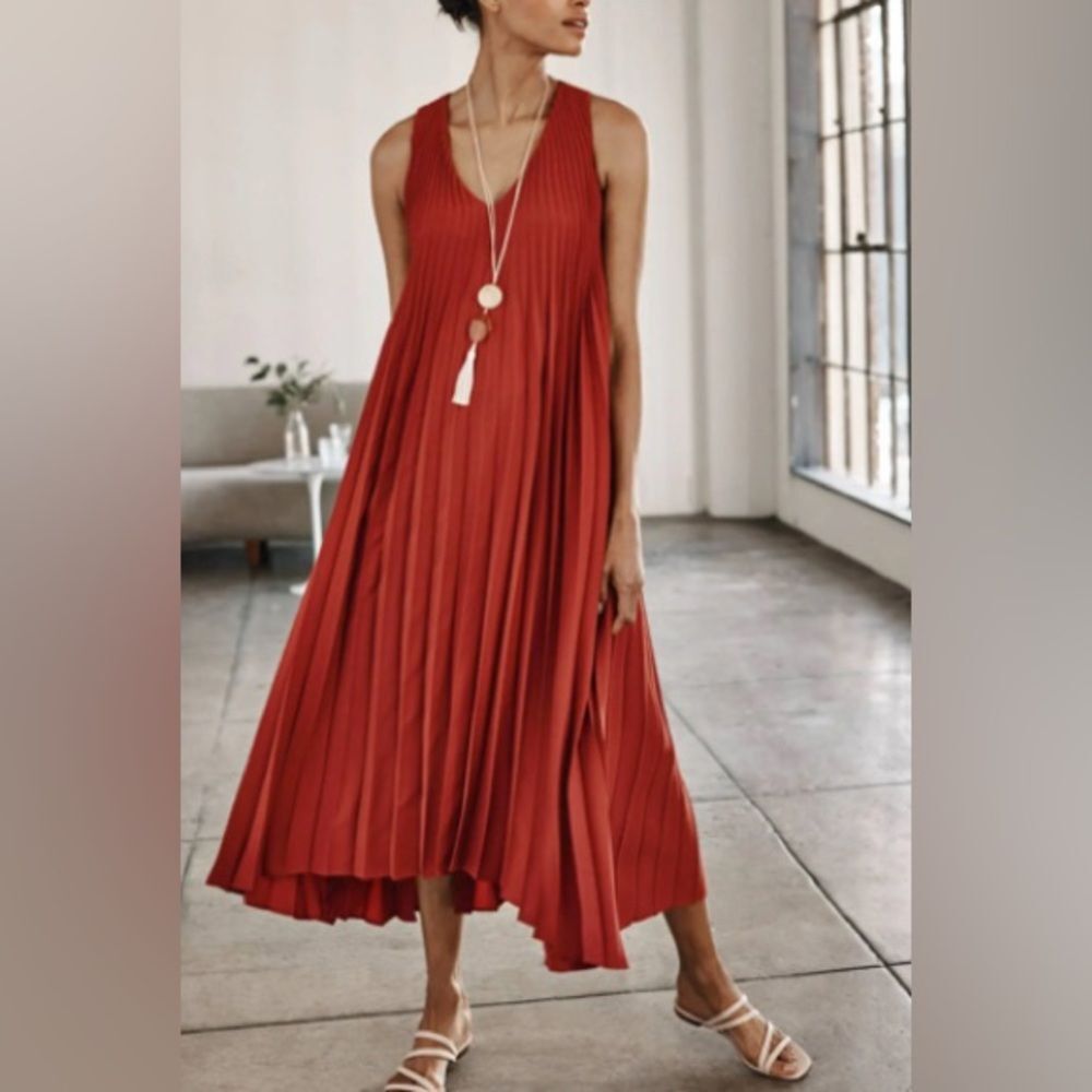 J Jill Deep Woven Sunburst Pleated Midi Dress Size L